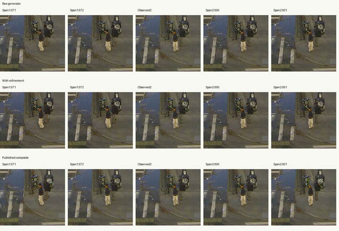 Three registered rows compare raw generation, refinement and the published composite before and after the same observed anchor
